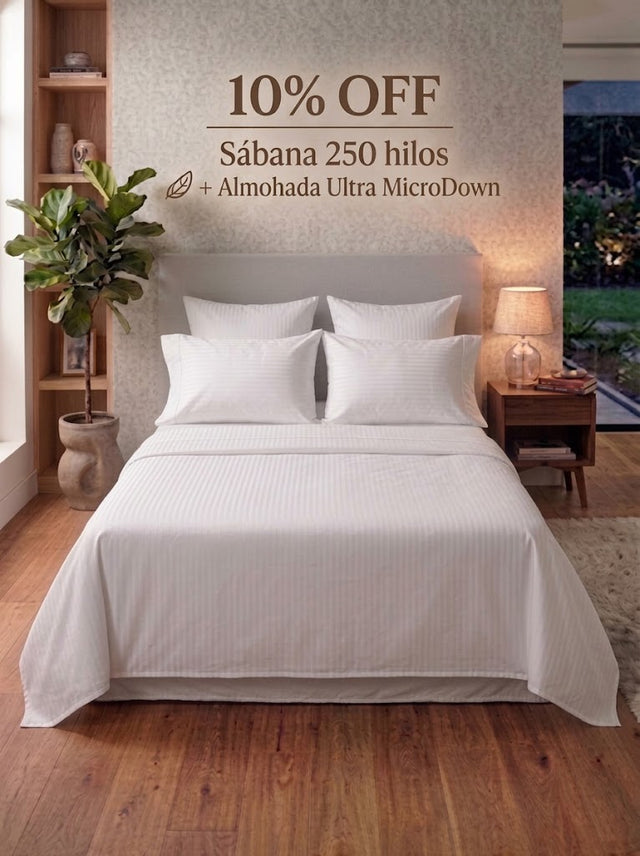 2 Almohadas Ultra MicroDown + Sabanas 250 Hilos Liso x Raya