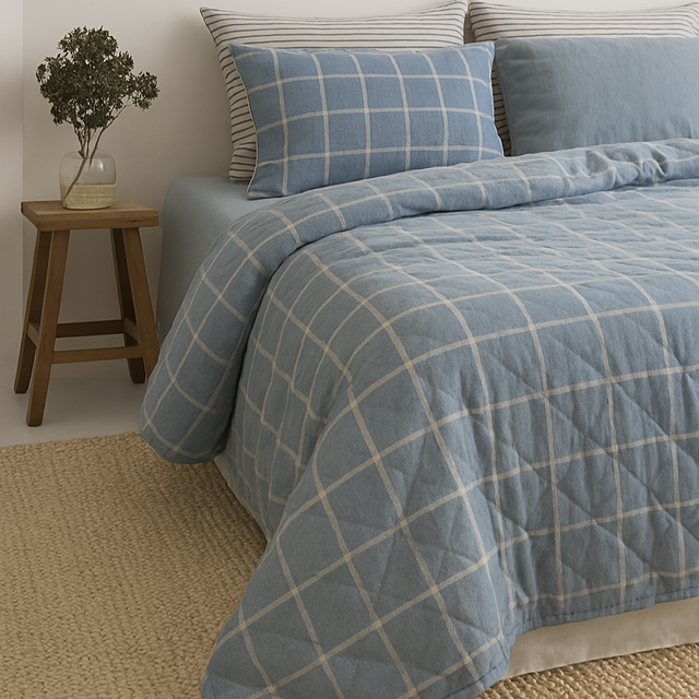 Edredón Doble Faz Microfibra Catiónica Rayas Azul Grisaceo