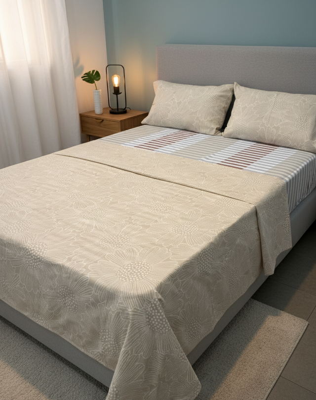 Juego de sábana 144 hilos estampado beige