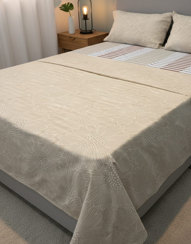 Juego de sábana 144 hilos estampado beige