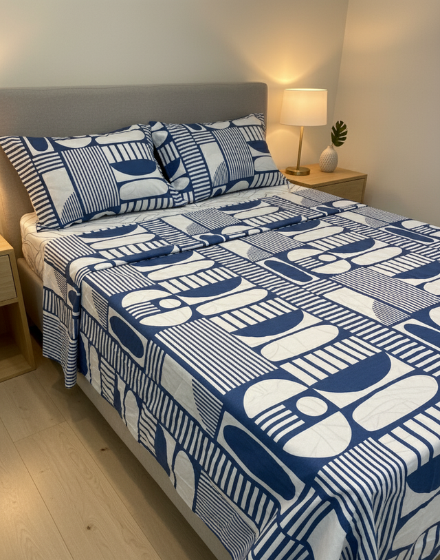 Juego de sábana 144 hilos estampado Azul