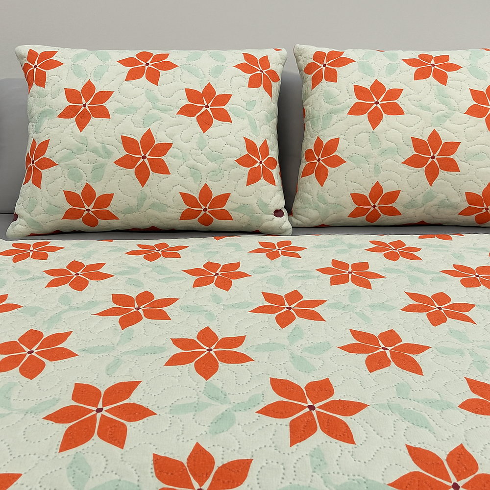 Cubrelecho Tru estampado Jardín Naranja - Doble faz azul navy