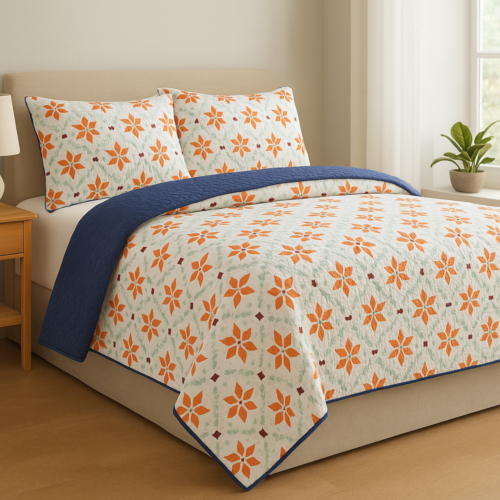 Cubrelecho Tru estampado Jardín Naranja - Doble faz azul navy