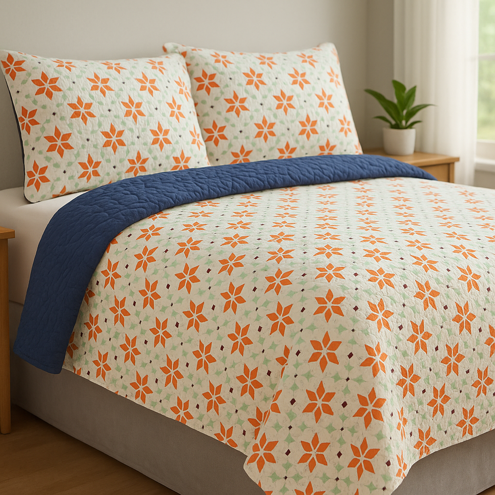 Cubrelecho Tru estampado Jardín Naranja - Doble faz azul navy