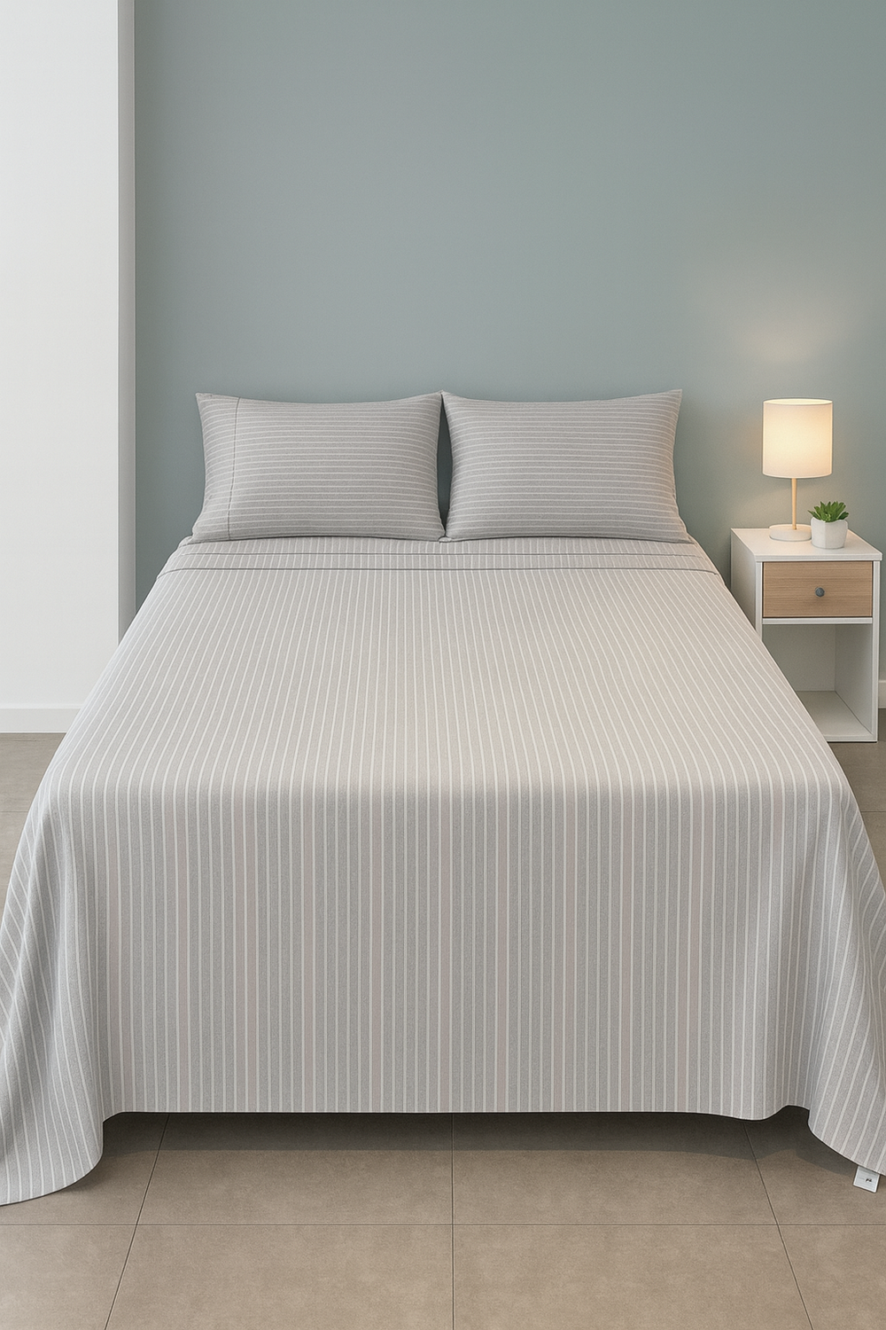 Juego de Sábanas TRU –  Cationicas - Raya Azul Grisáceo