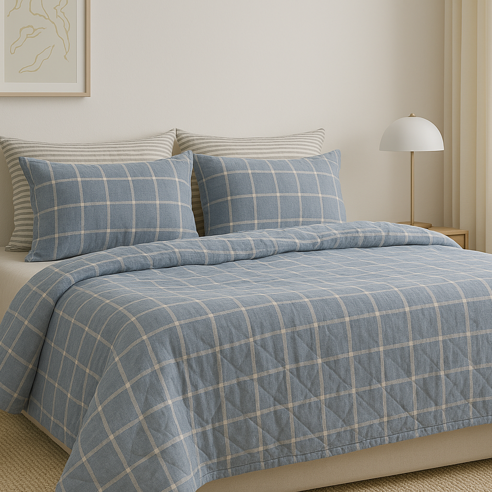 Edredón Doble Faz Microfibra Catiónica Rayas Azul Grisaceo