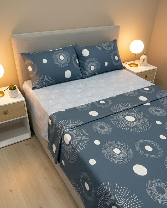 Juego de sábana 144 hilos estampado Azul Grisaceo