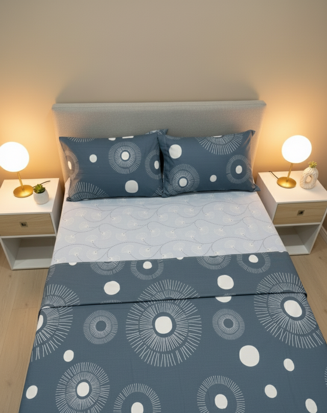 Juego de sábana 144 hilos estampado Azul Grisaceo