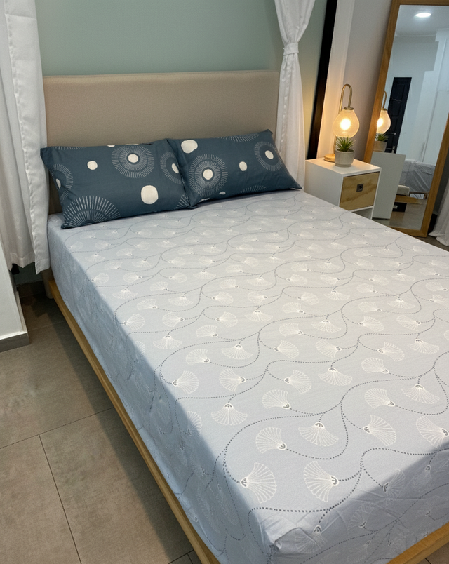 Juego de sábana 144 hilos estampado Azul Grisaceo