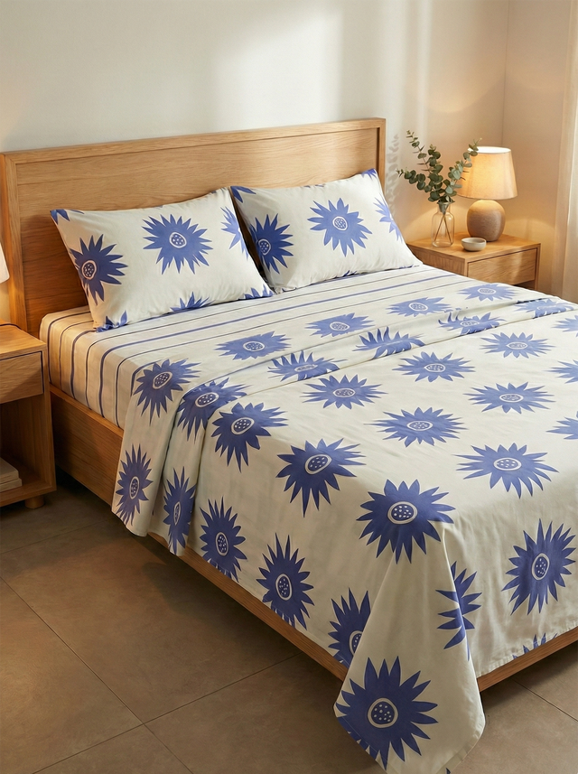 Juego de sábanas 144 hilos estampado flores azules