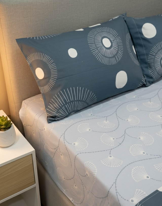 Juego de sábana 144 hilos estampado Azul Grisaceo