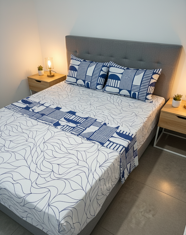 Juego de sábana 144 hilos estampado Azul