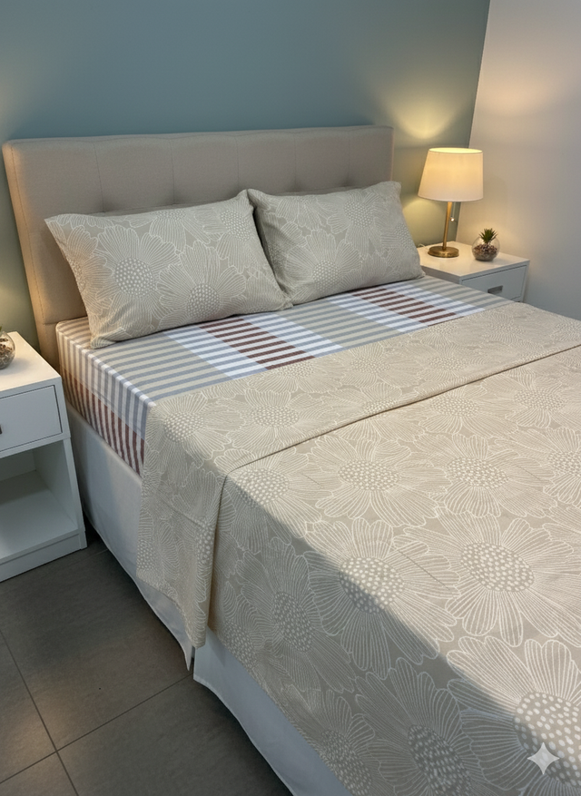 Juego de sábana 144 hilos estampado beige