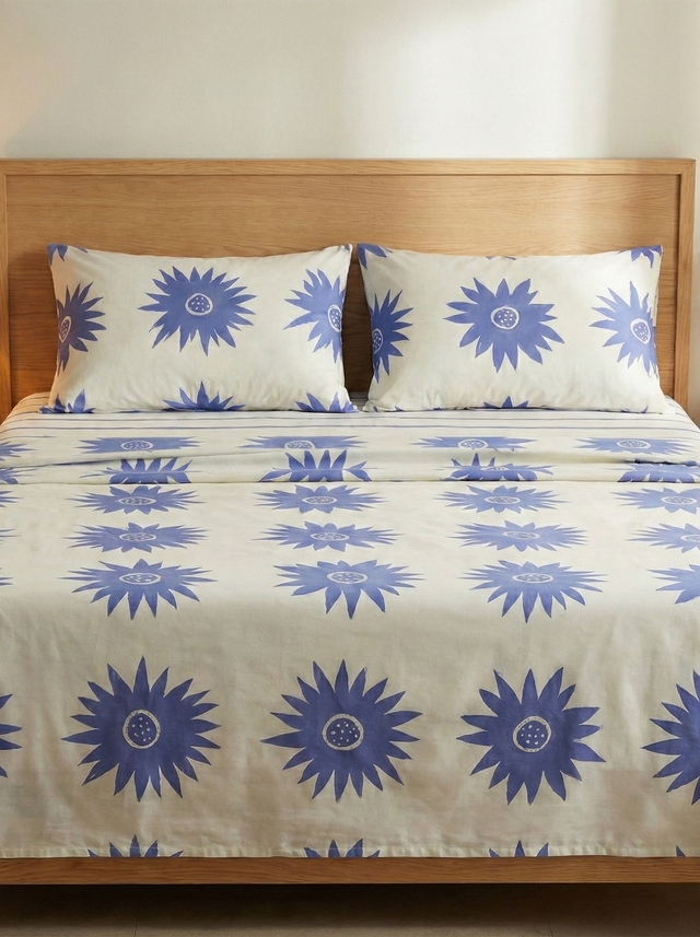 Juego de sábanas 144 hilos estampado flores azules