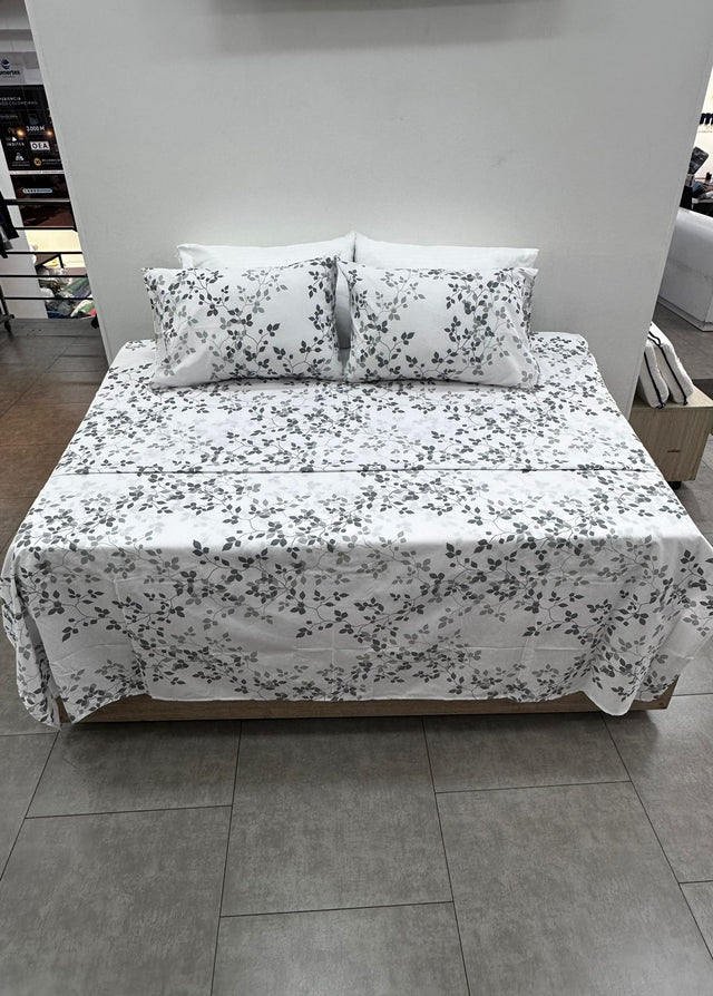 Juego De Sabana TRU 144 Hilos Estampado Hojas Grises